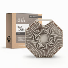 Sud Scrub antimicrobial silicone body scrubber close-up highlighting its hygienic surface.