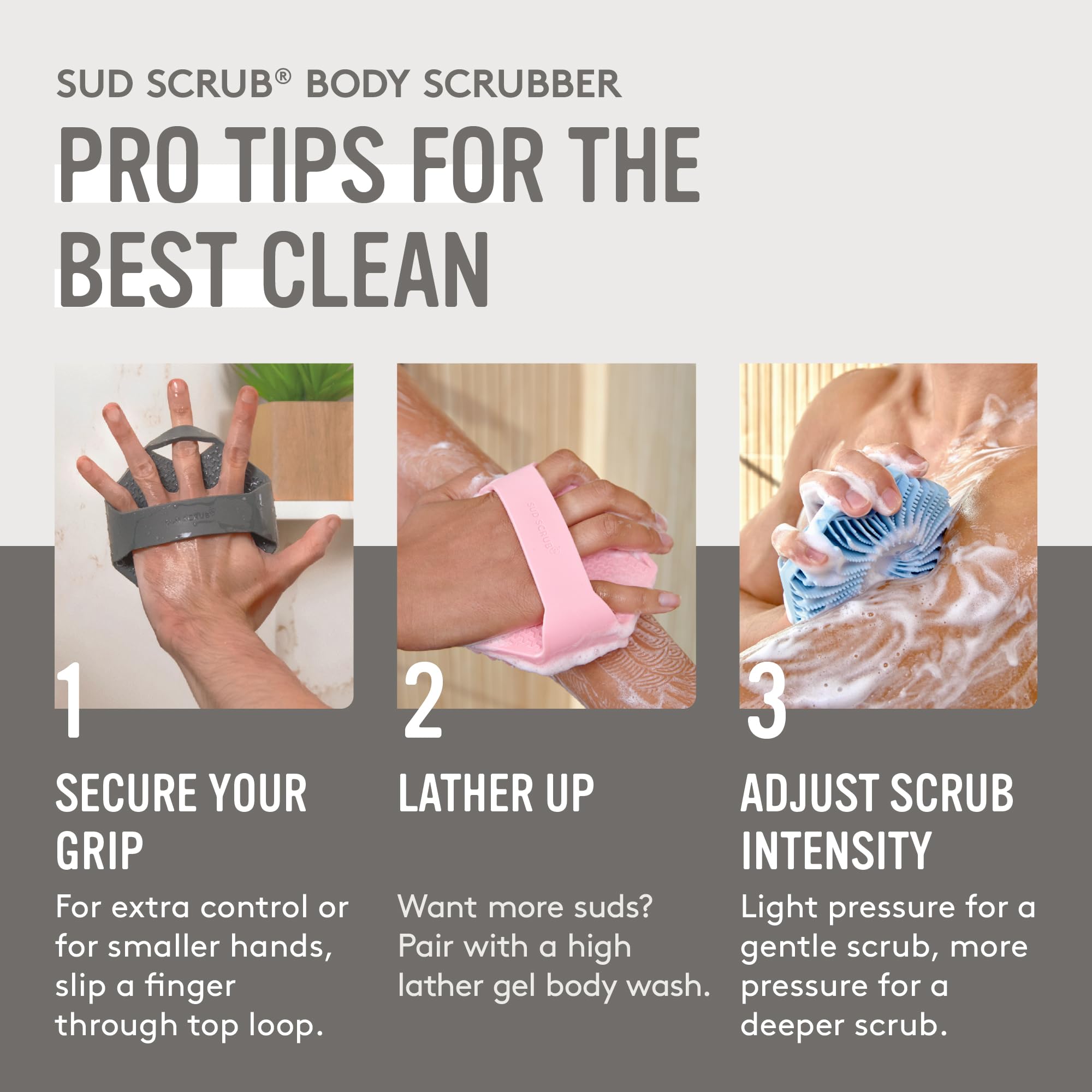 Sud Scrub clay-infused variant demonstrated for varied textures.