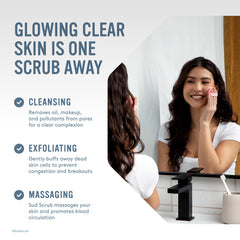 Sud Scrub blue with ergonomic finger strap ensures a secure grip during cleansing.