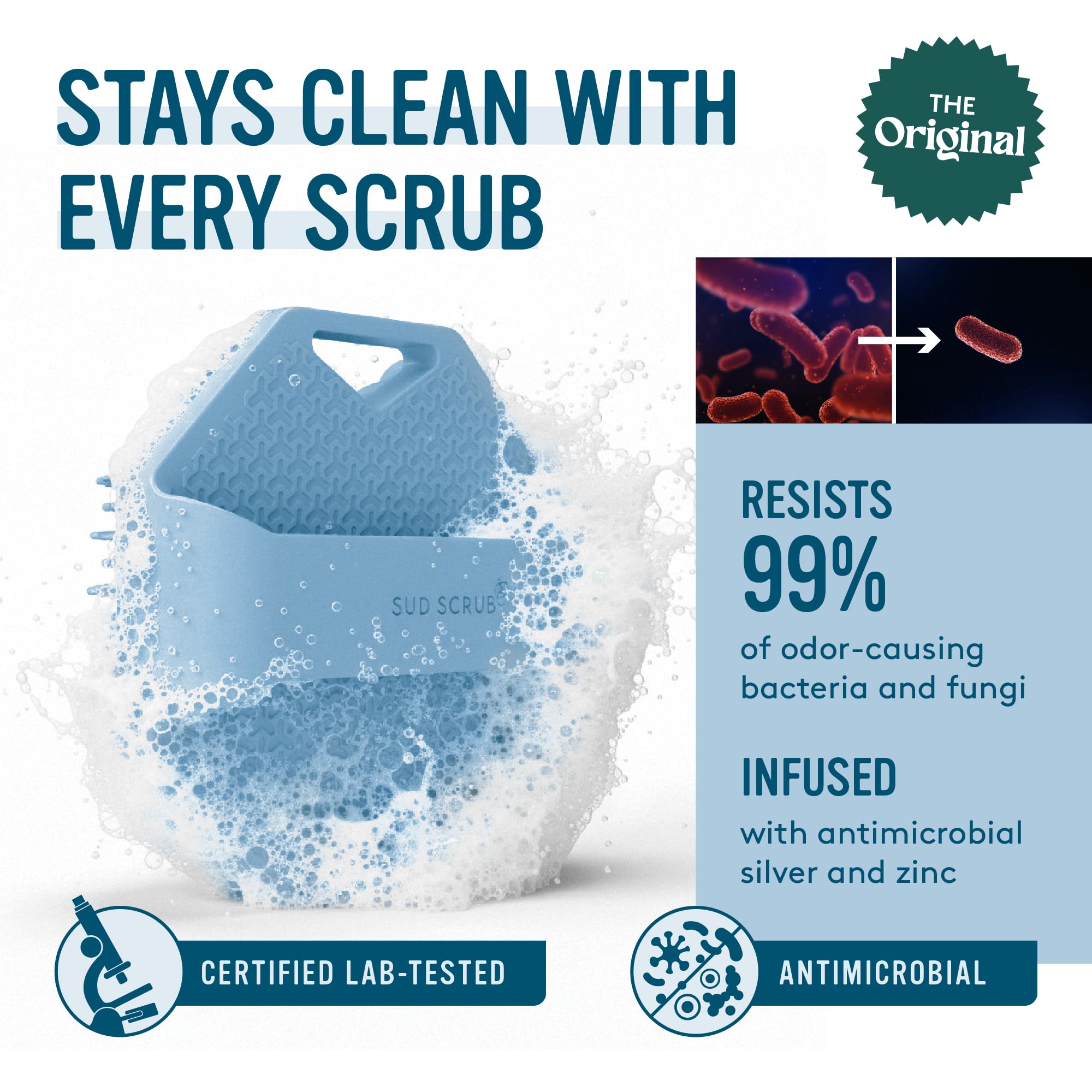Sud Scrub exfoliating silicone brush closeup showing gentle exfoliation action.