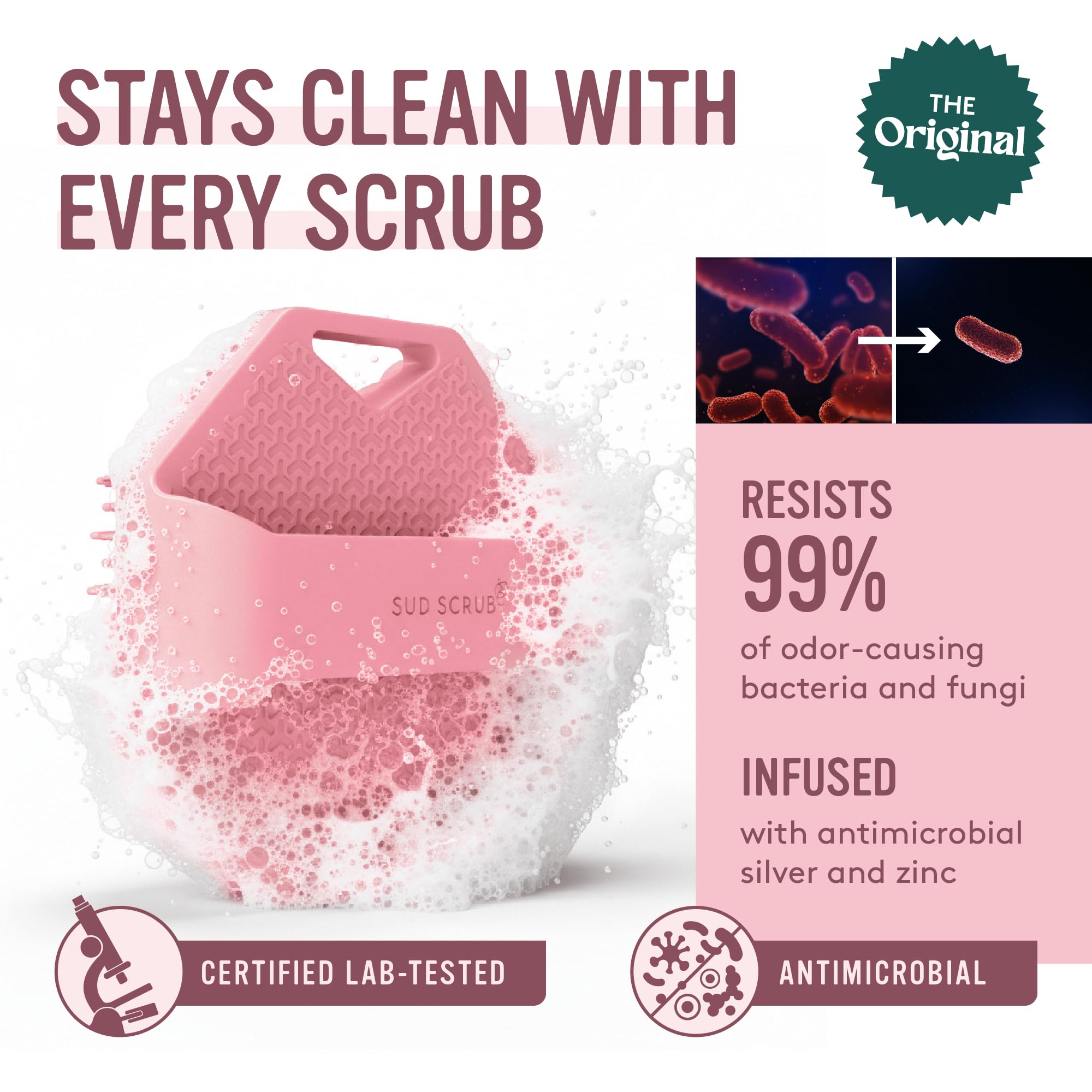 Sud Scrub exfoliating silicone brush for skin smoothing during shower.
