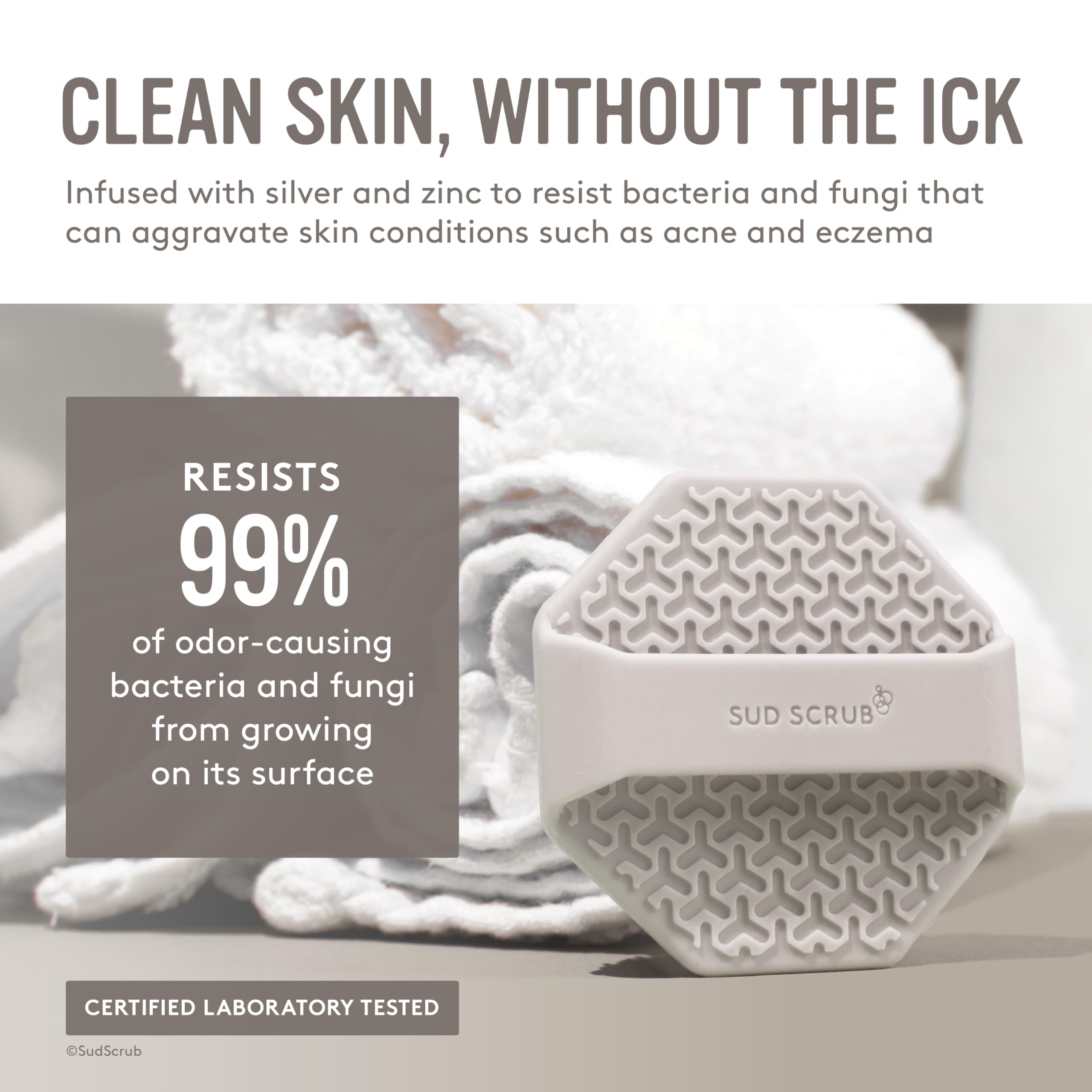 Sud Scrub gentle exfoliation for sensitive skin with soft bristles close-up.