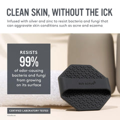 Sud Scrub hand-held charcoal face scrubber demonstrates non-slip grip for confident cleansing.