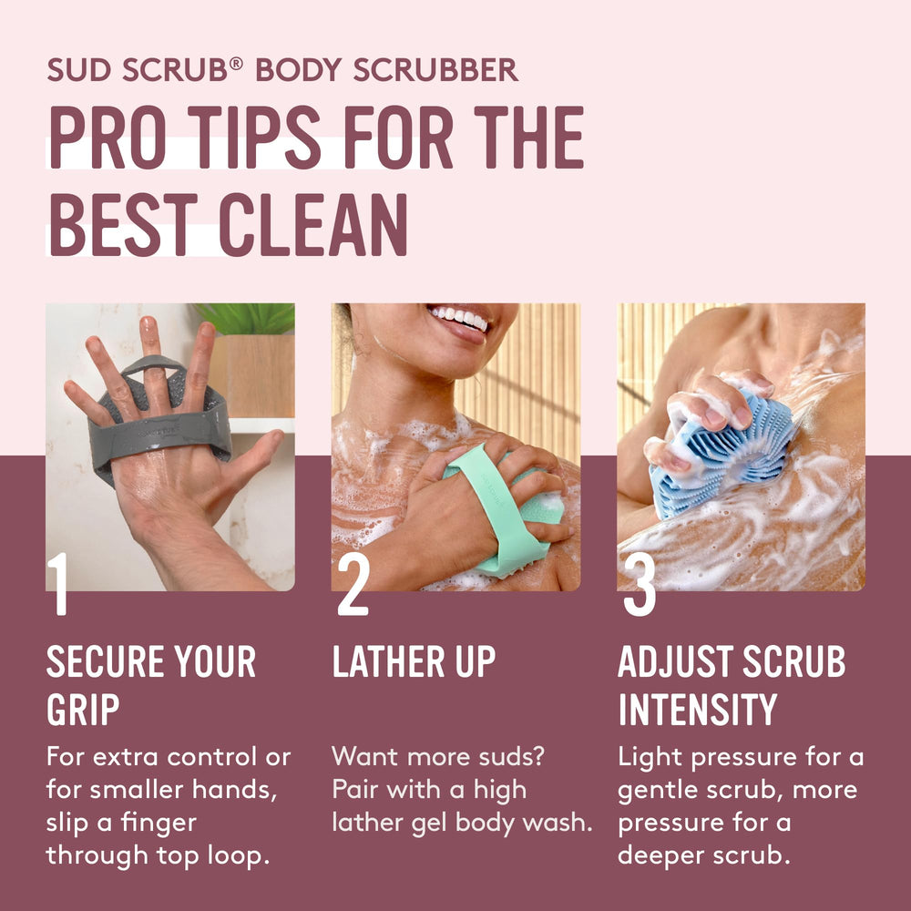 Sud Scrub non-slip grip with strap ensures secure handling during use.