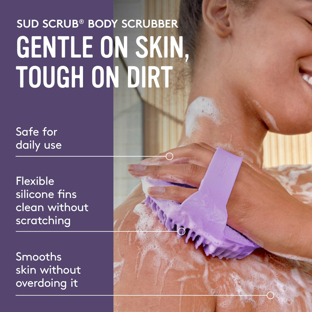 Sud Scrub non-slip grip detail demonstrates secure handling during showers.