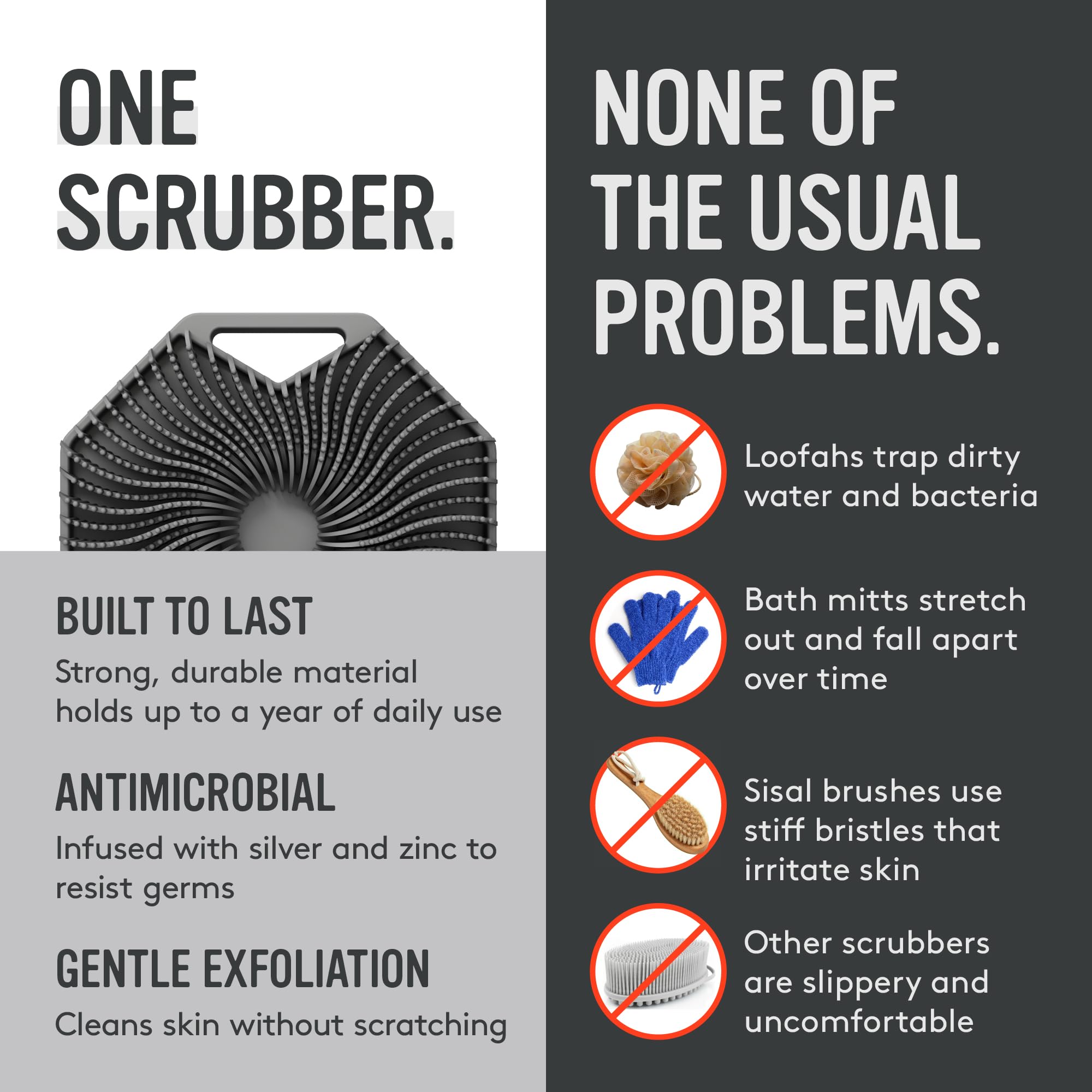Sud Scrub non-slip grip with strap keeps it secure during showers
