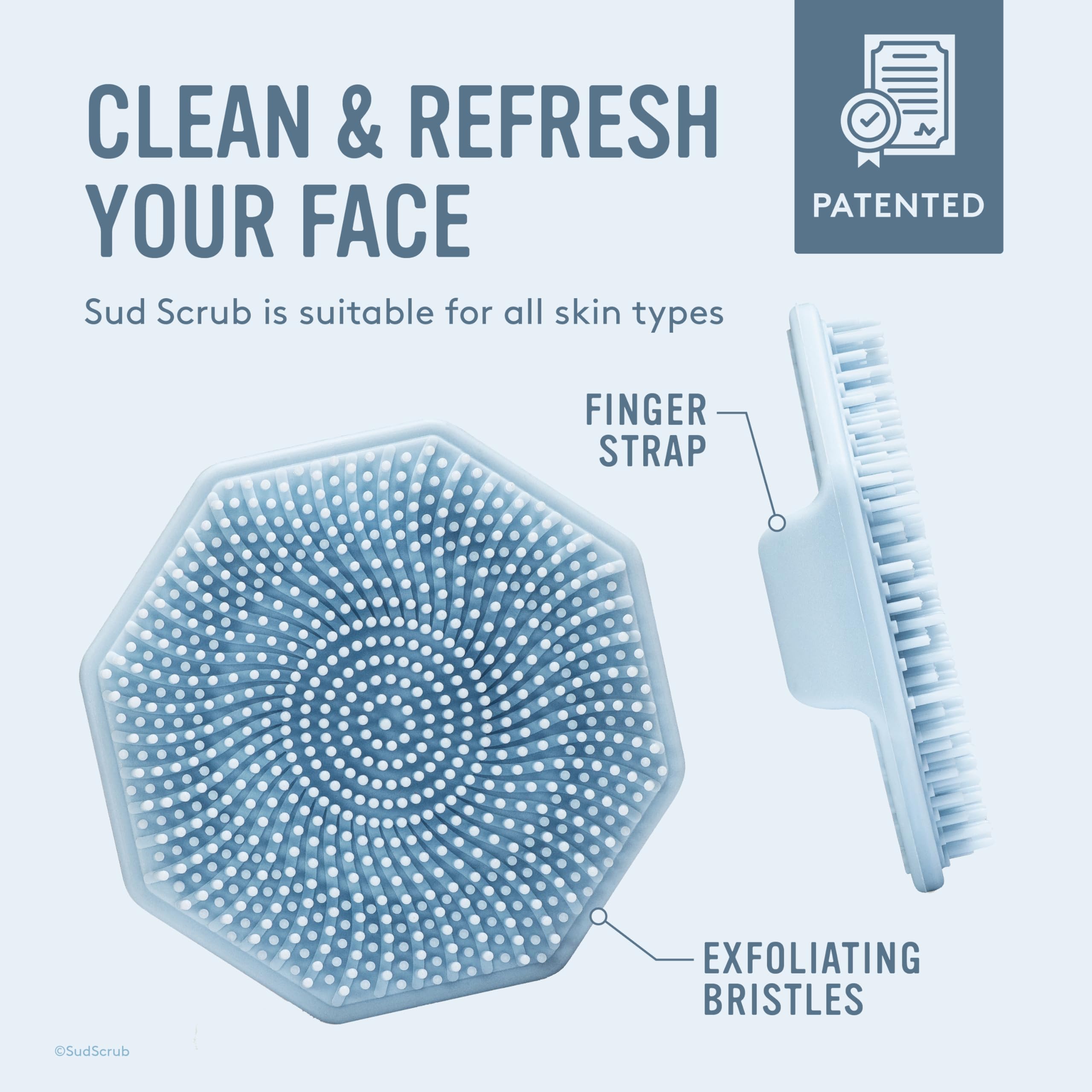 Sud Scrub odor-resistant surface helps keep routine fresh after use.