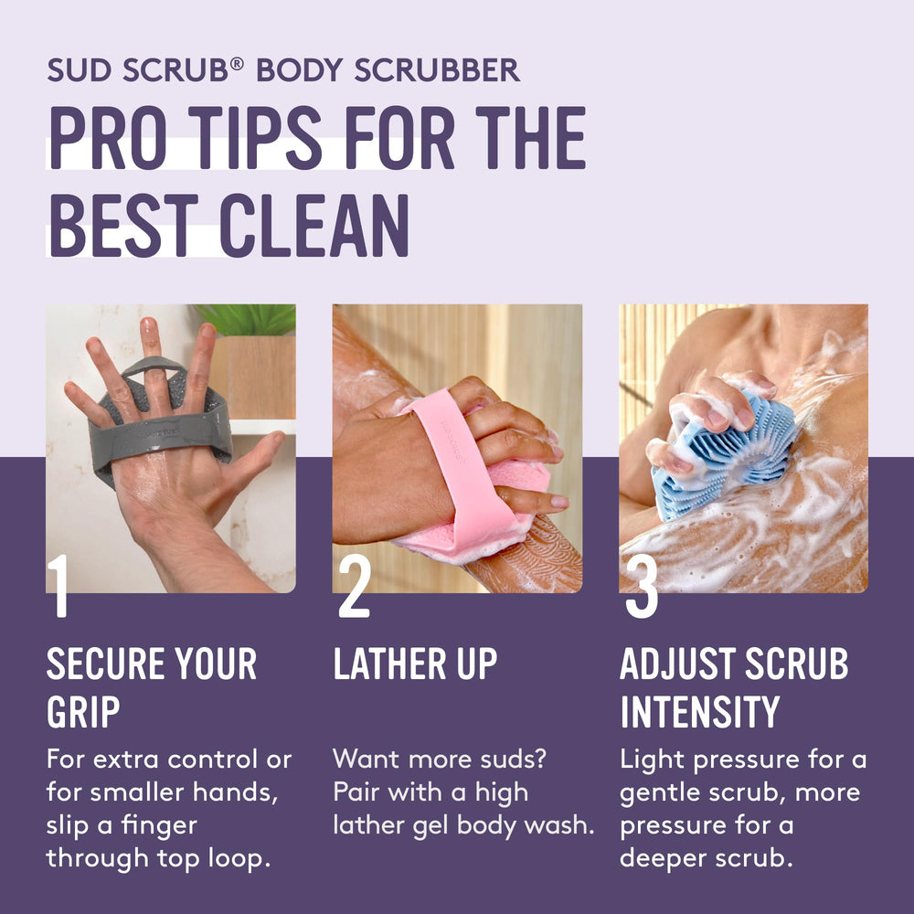 Sud Scrub purple shower-ready use image invites daily cleansing routine.