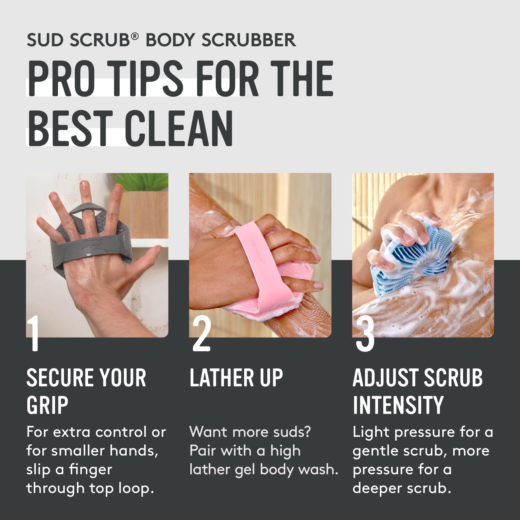Sud Scrub ergonomic shower tool for easy one-handed scrubbing