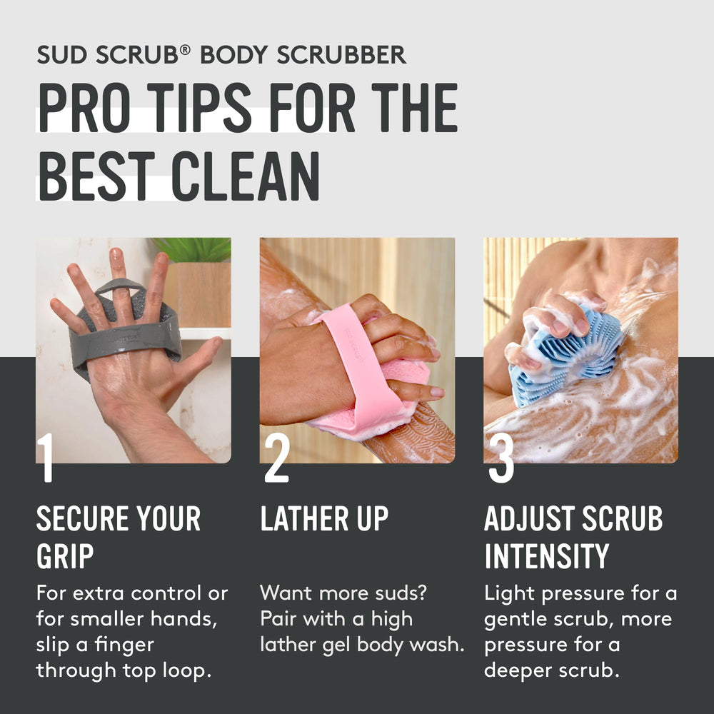 Sud Scrub ergonomic shower tool for easy one-handed scrubbing