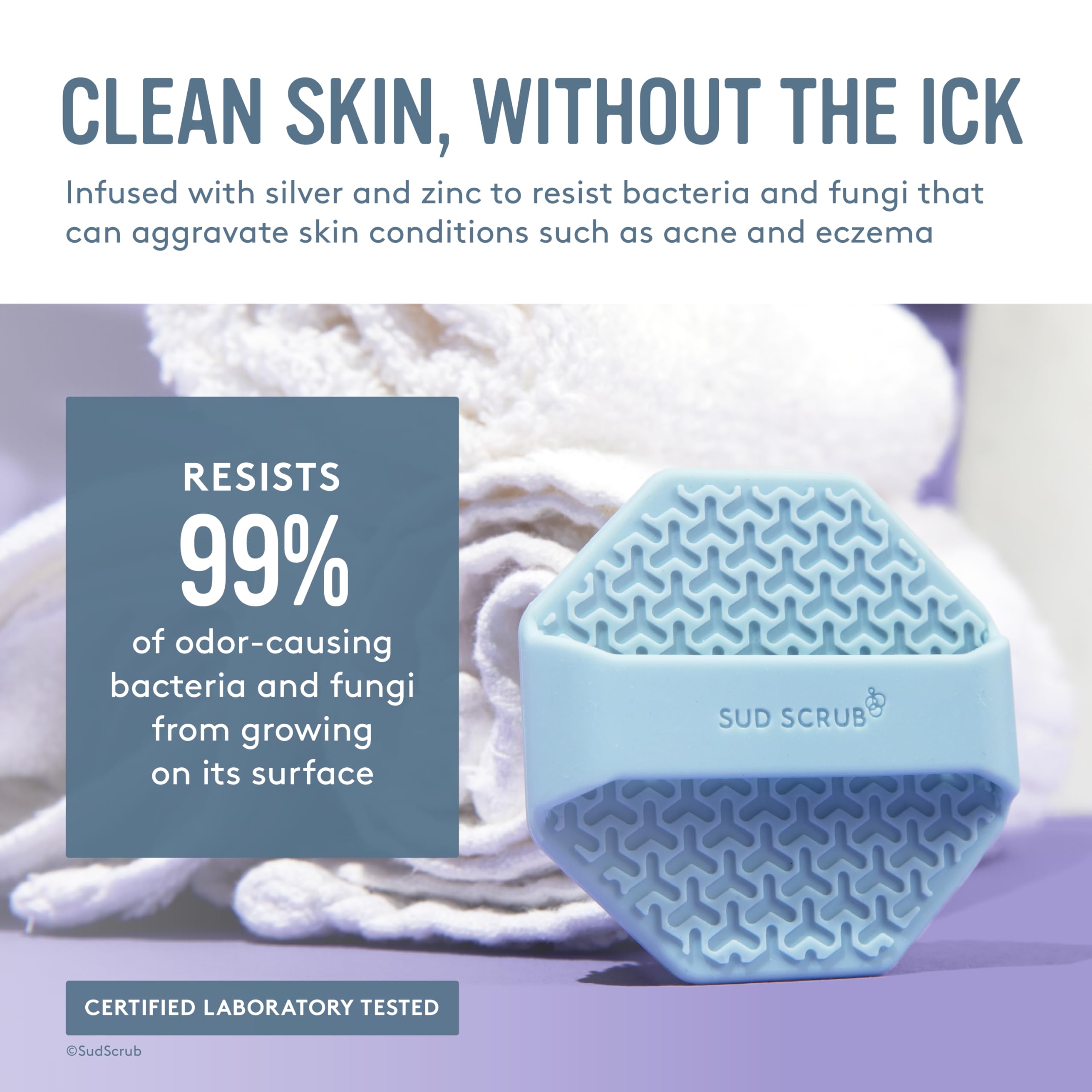 Sud Scrub soft bristles close-up shows gentle exfoliation for sensitive skin.