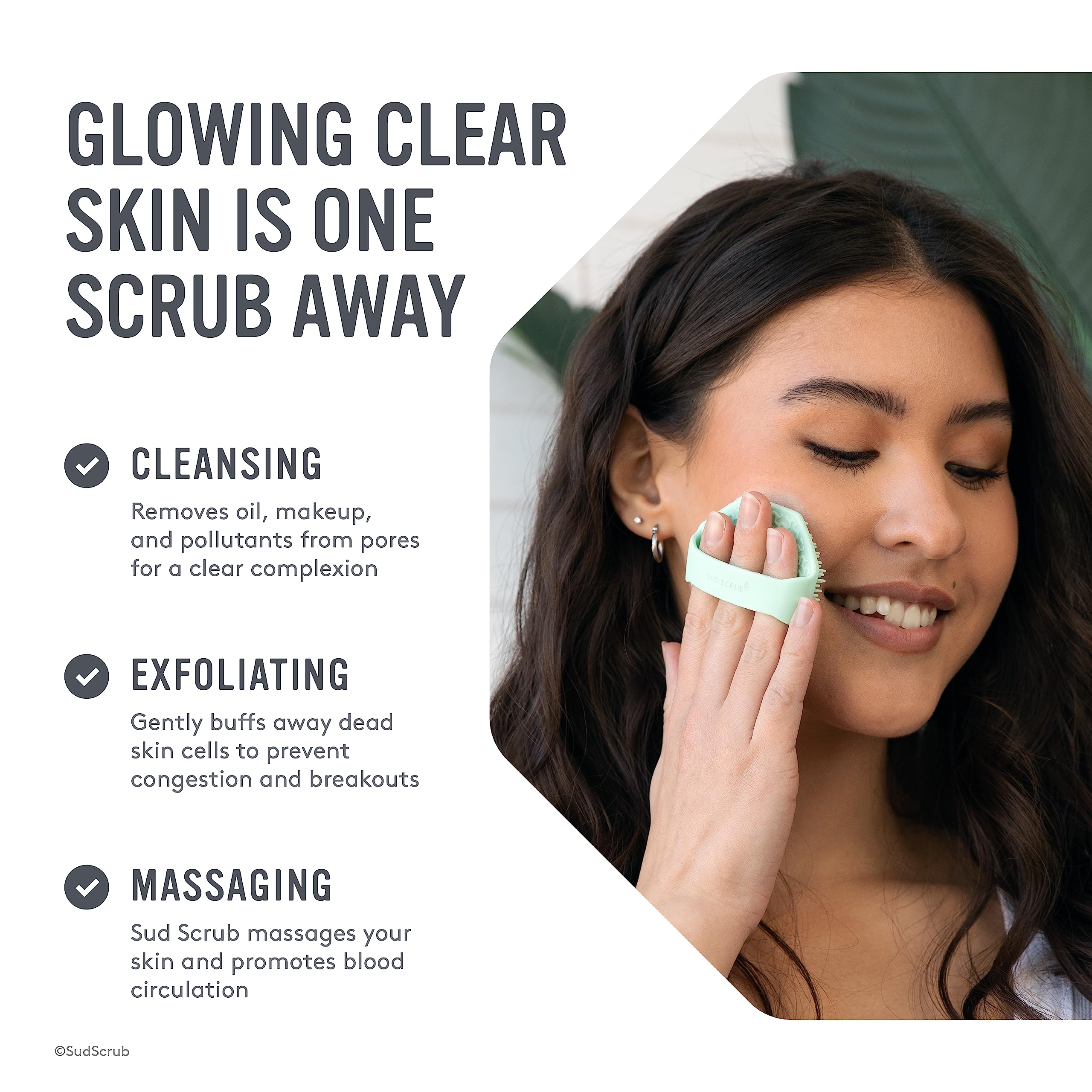 Sud Scrub close-up of soft silicone bristles shows gentle exfoliation for sensitive skin.