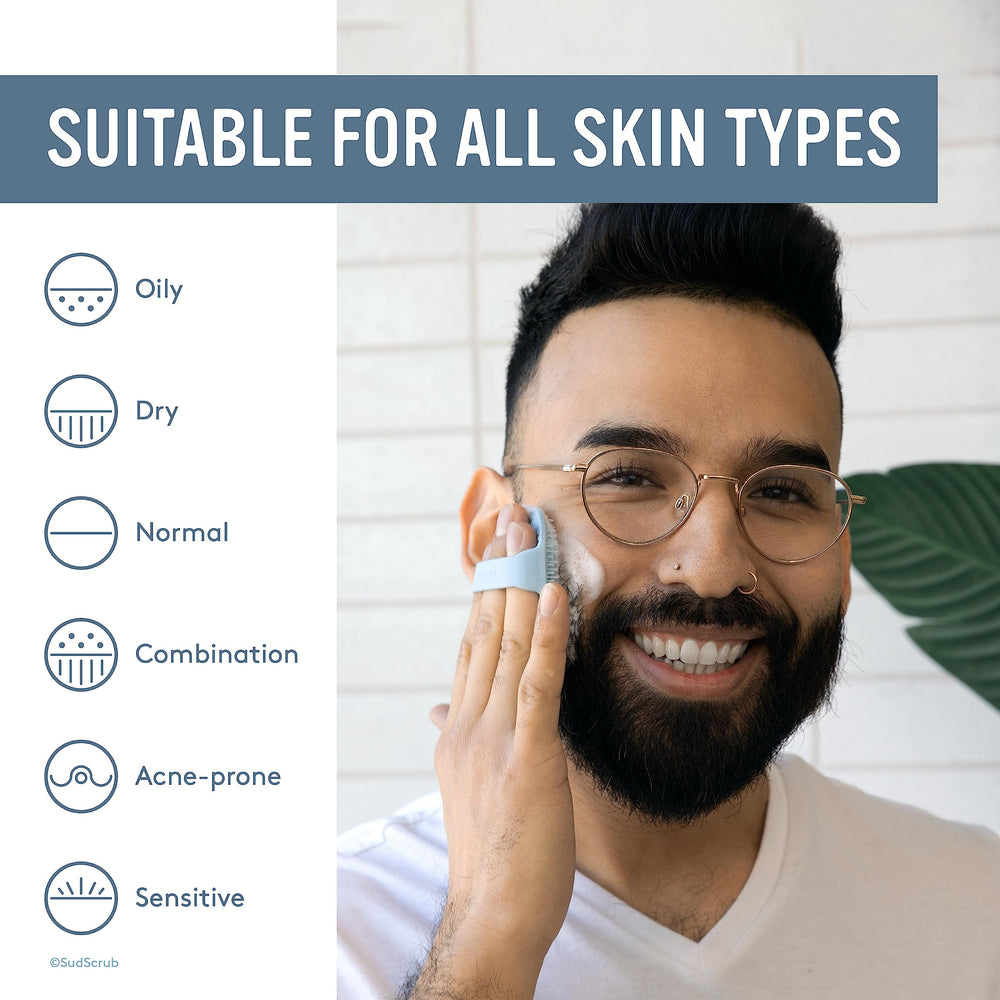 Sud Scrub blue textured grip helps steady cleansing motions.