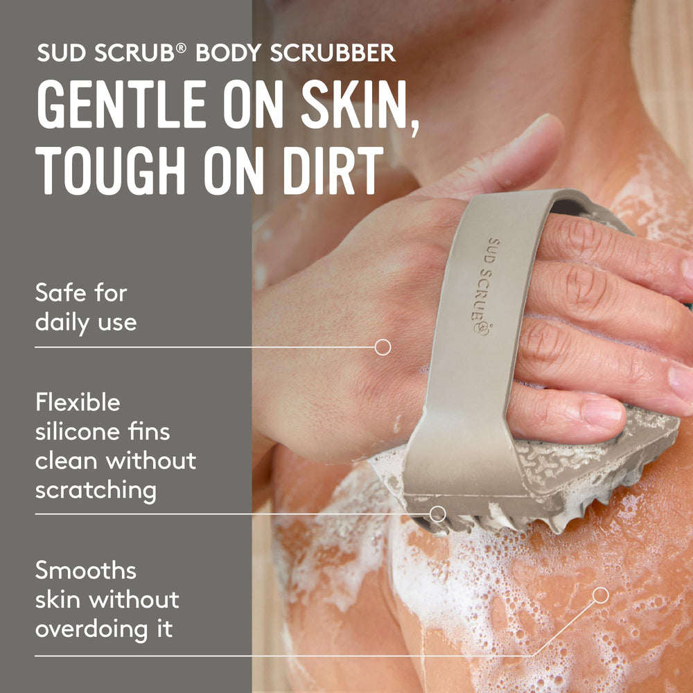 Sud Scrub ultra-durable silicone material showcased in a shower setting.
