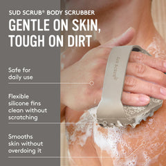 Sud Scrub ultra-durable silicone material showcased in a shower setting.
