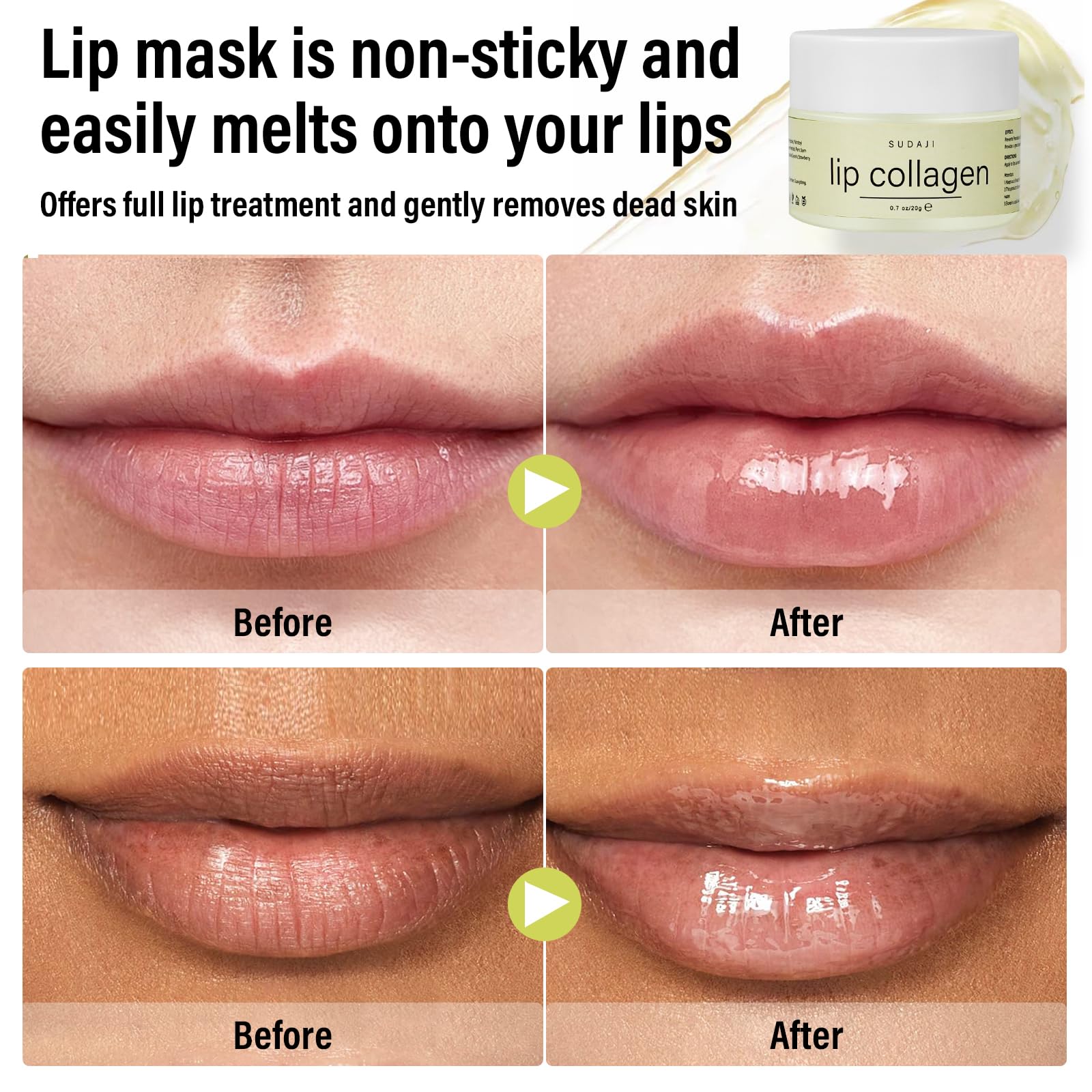 SUDAJI Ingredientes hidratantes con colágeno para labios más suaves y rellenados.