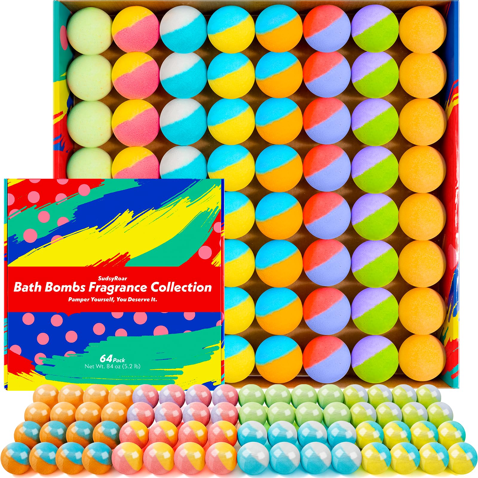 SudsyRoar 64-pack bath bombs in a variety offering vibrant color for a home spa ritual