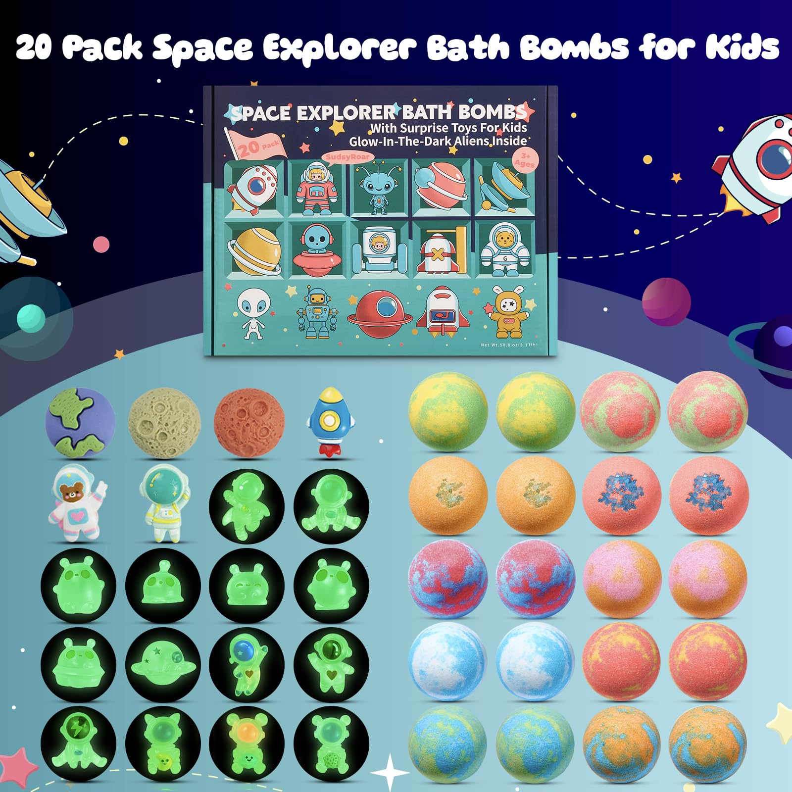 SudsyRoar bombas de baño cohetes: revela cohete o planeta, ideal para juego creativo.