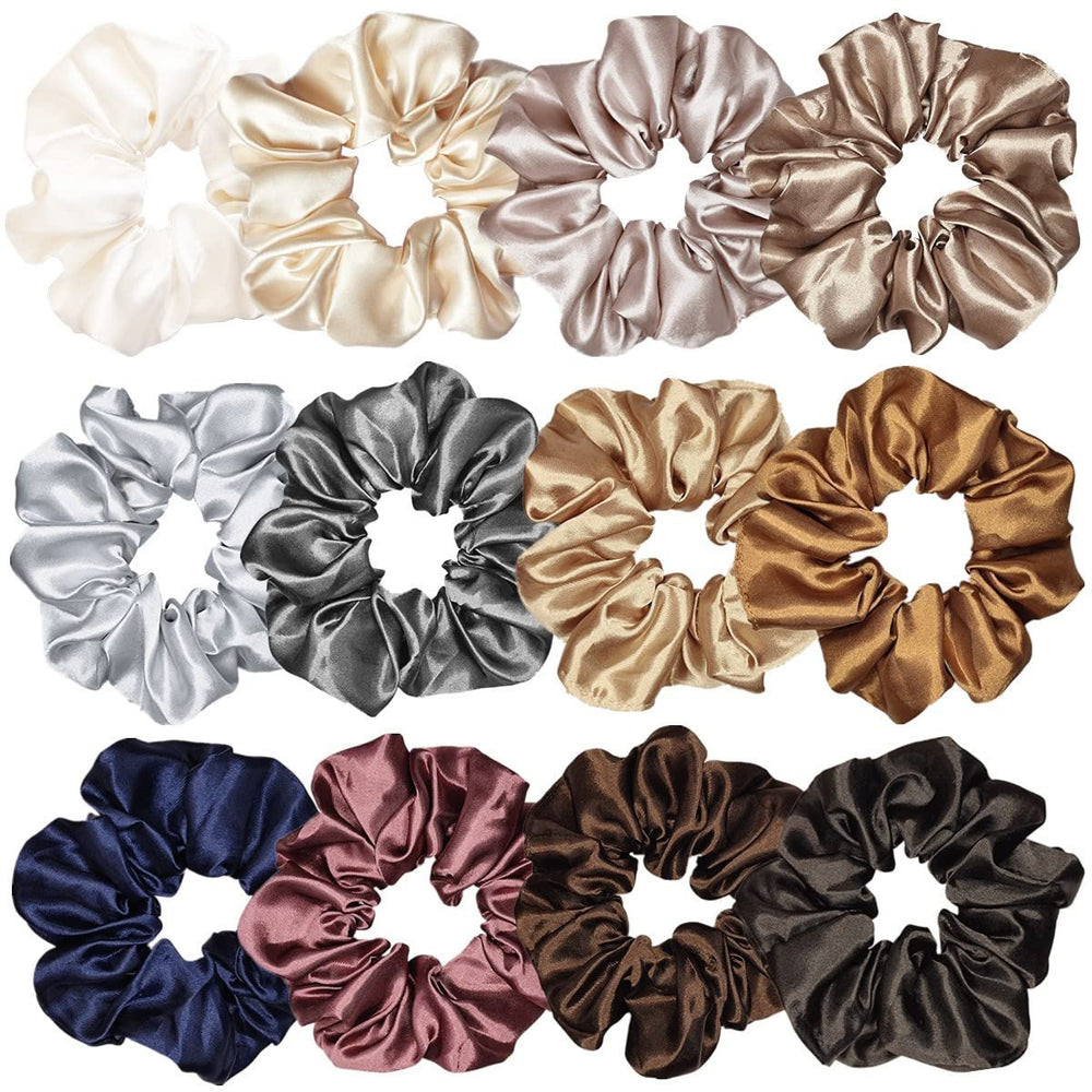 Scrunchies satinados de Sufermoe en 12 colores para peinados variados.