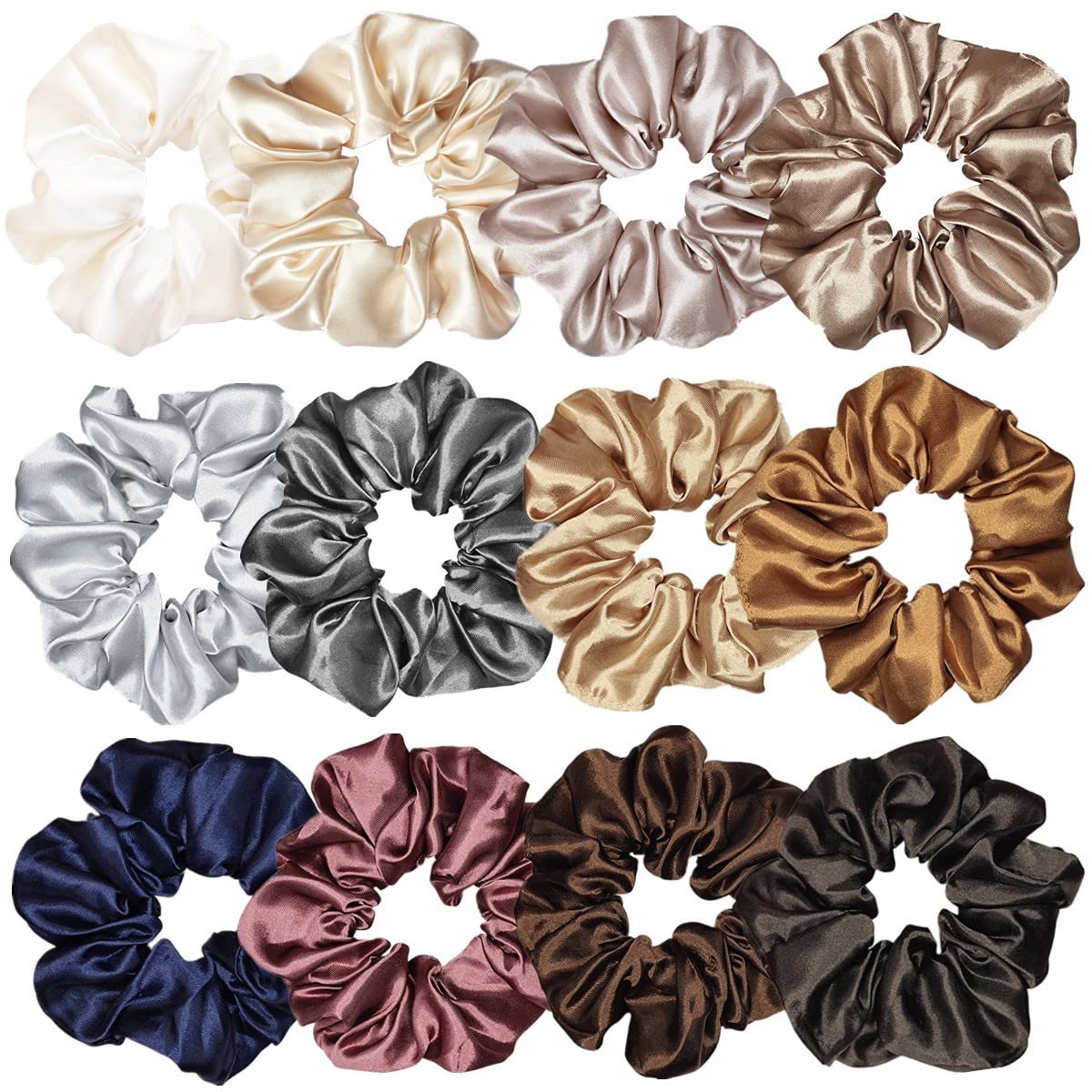 Scrunchies satinados de Sufermoe en 12 colores para peinados variados.