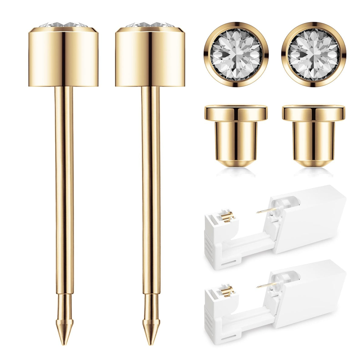 SugarTang kit de piercing oreja oro 4mm con arete pre-cargado para uso en casa.
