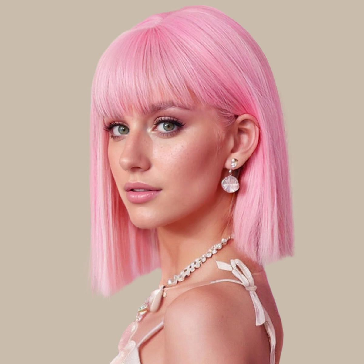 SUKRI pink bob wig with bangs, front view, natural look for daily wear