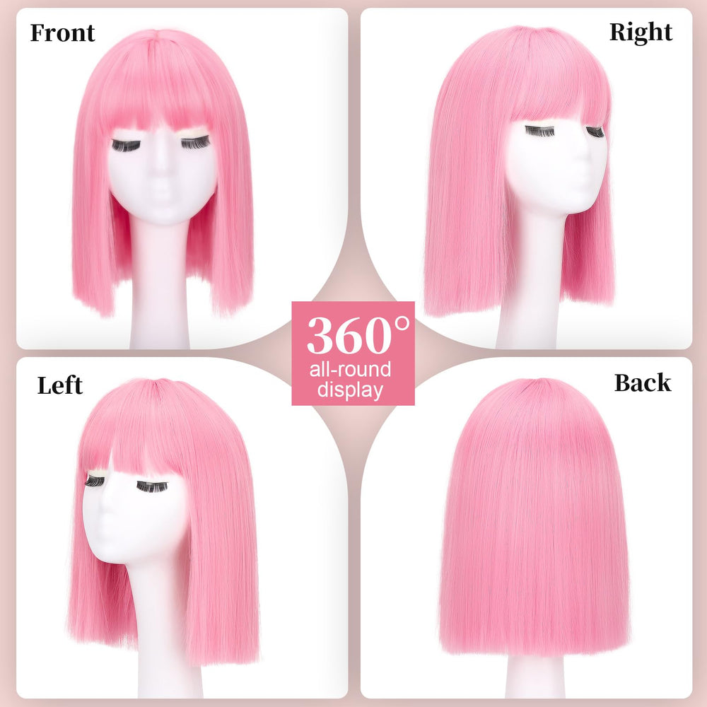 SUKRI pink bob wig with bangs, side view, versatile for parties