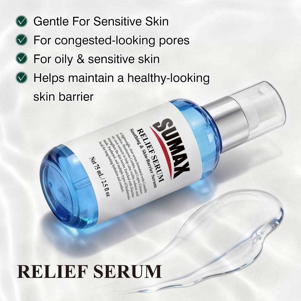 Sumax Relief Serum dropper closeup, easy, precise, and mess-free application.