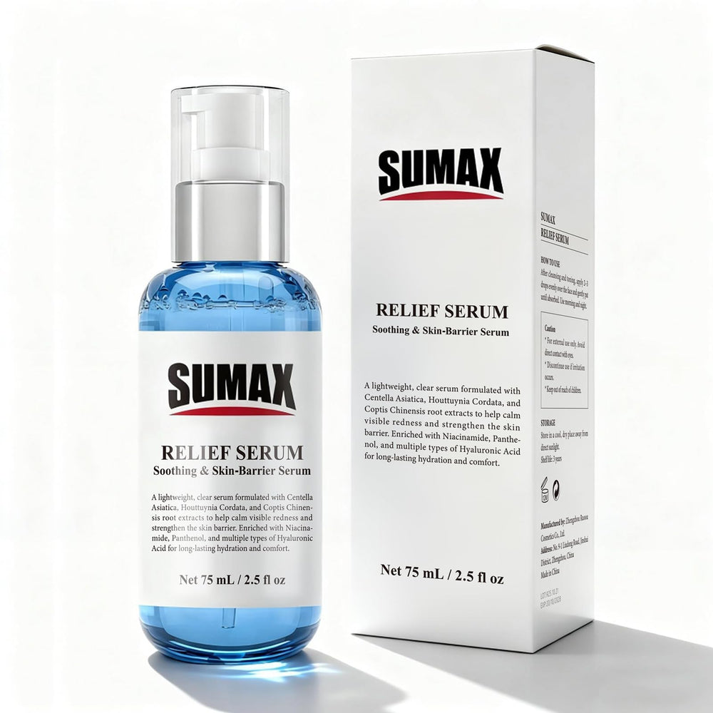 Sumax Relief Serum hyaluronic acid visual, underscores deep hydration delivery.