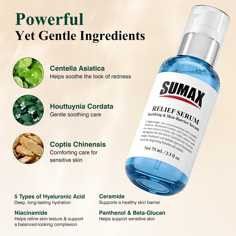 Sumax Relief Serum texture swirl, highlights a refreshing, non-sticky feel.