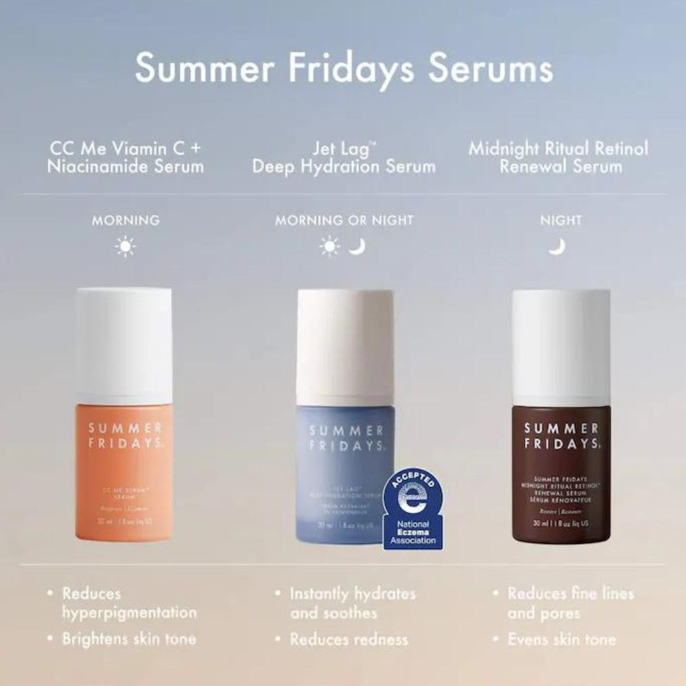 Summer Fridays Jet Lag Deep Hydration Serum packaging display emphasizes premium, fragrance-free hydration.