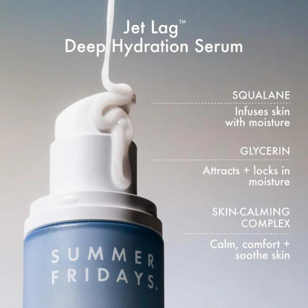 Summer Fridays Jet Lag Deep Hydration Serum texture closeup shows lightweight jelly formula.
