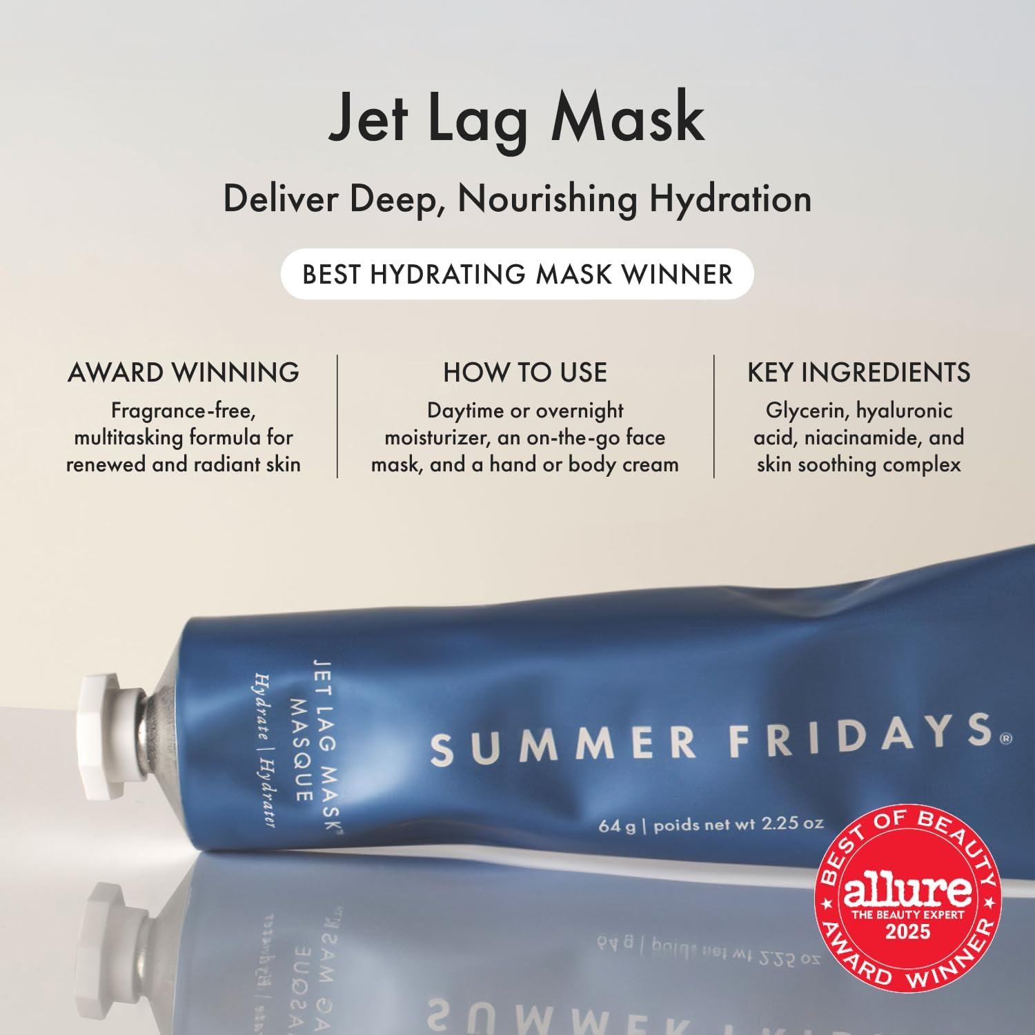 Close up of the Jet Lag Mask label emphasizes Hyaluronic Acid and Niacinamide for glow