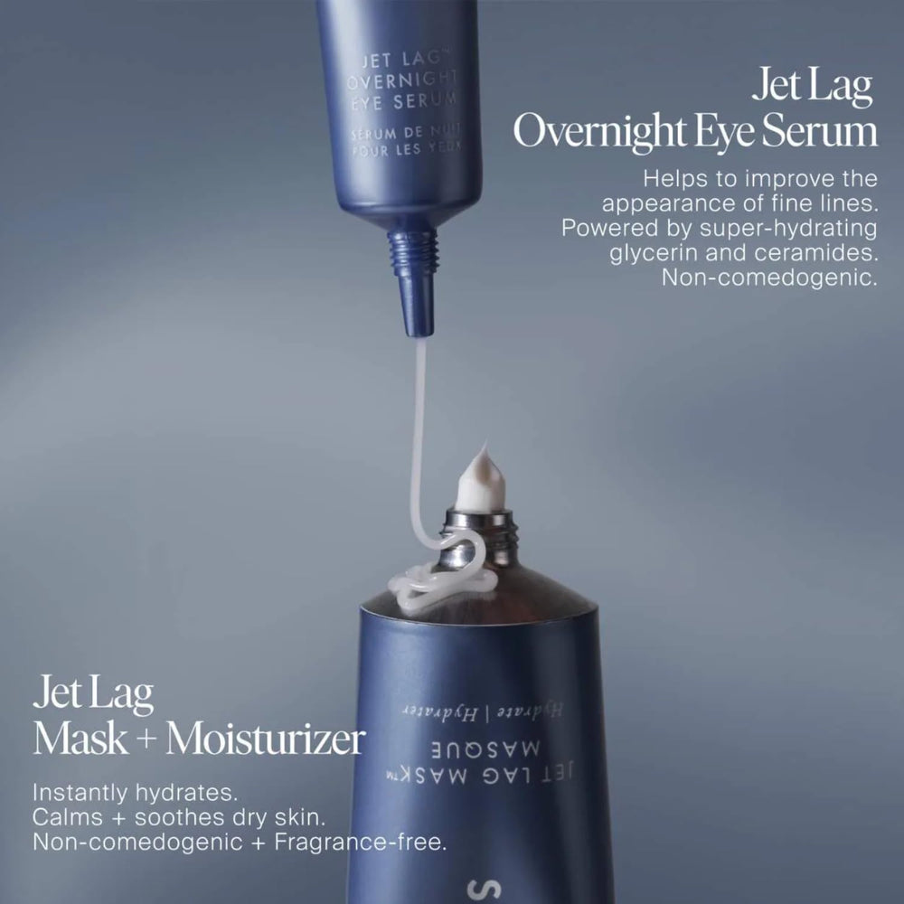 Jet Lag Overnight Eye Serum sits in a nightly skincare routine beside other products.