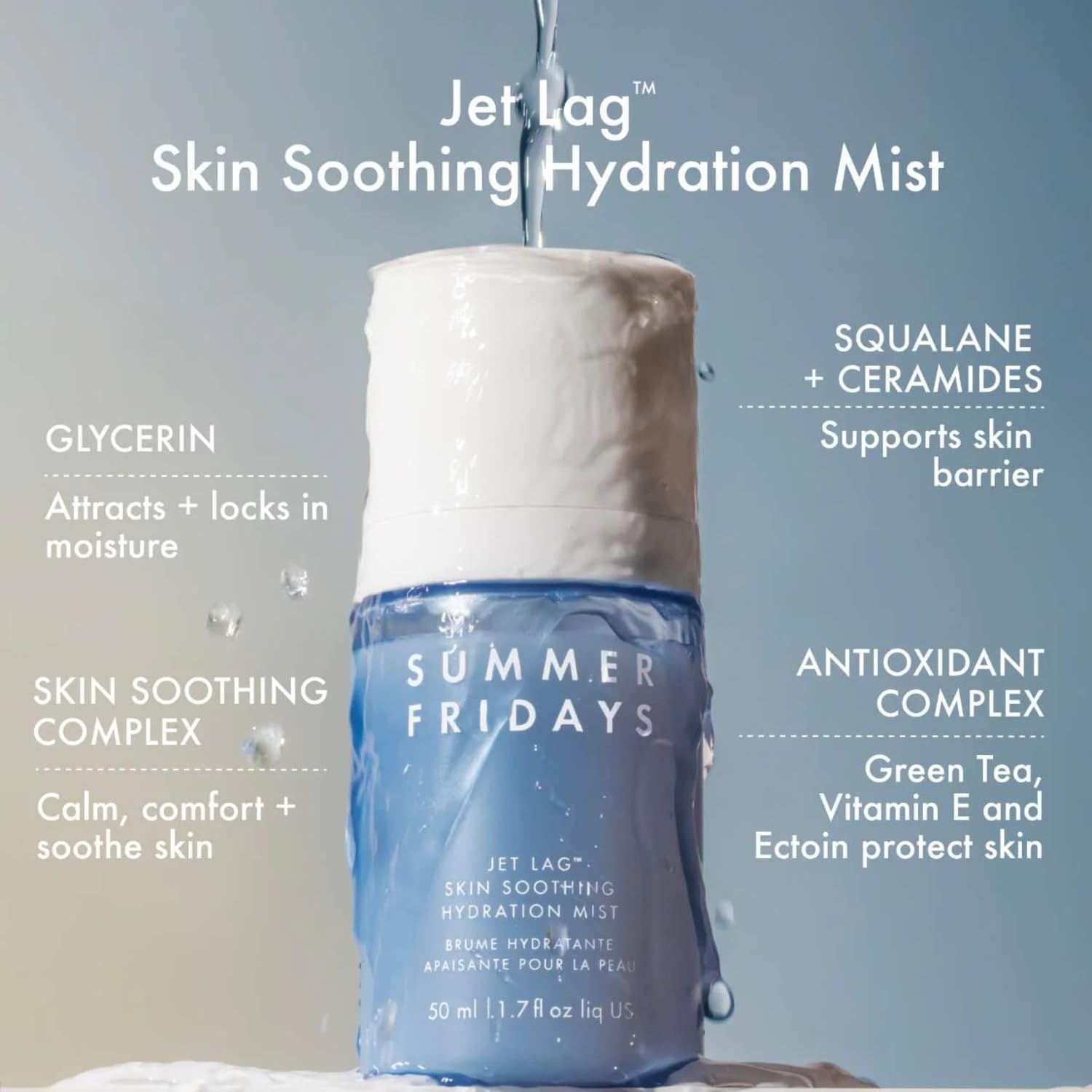 Summer Fridays Jet Lag mist spritz on face for instant coolness