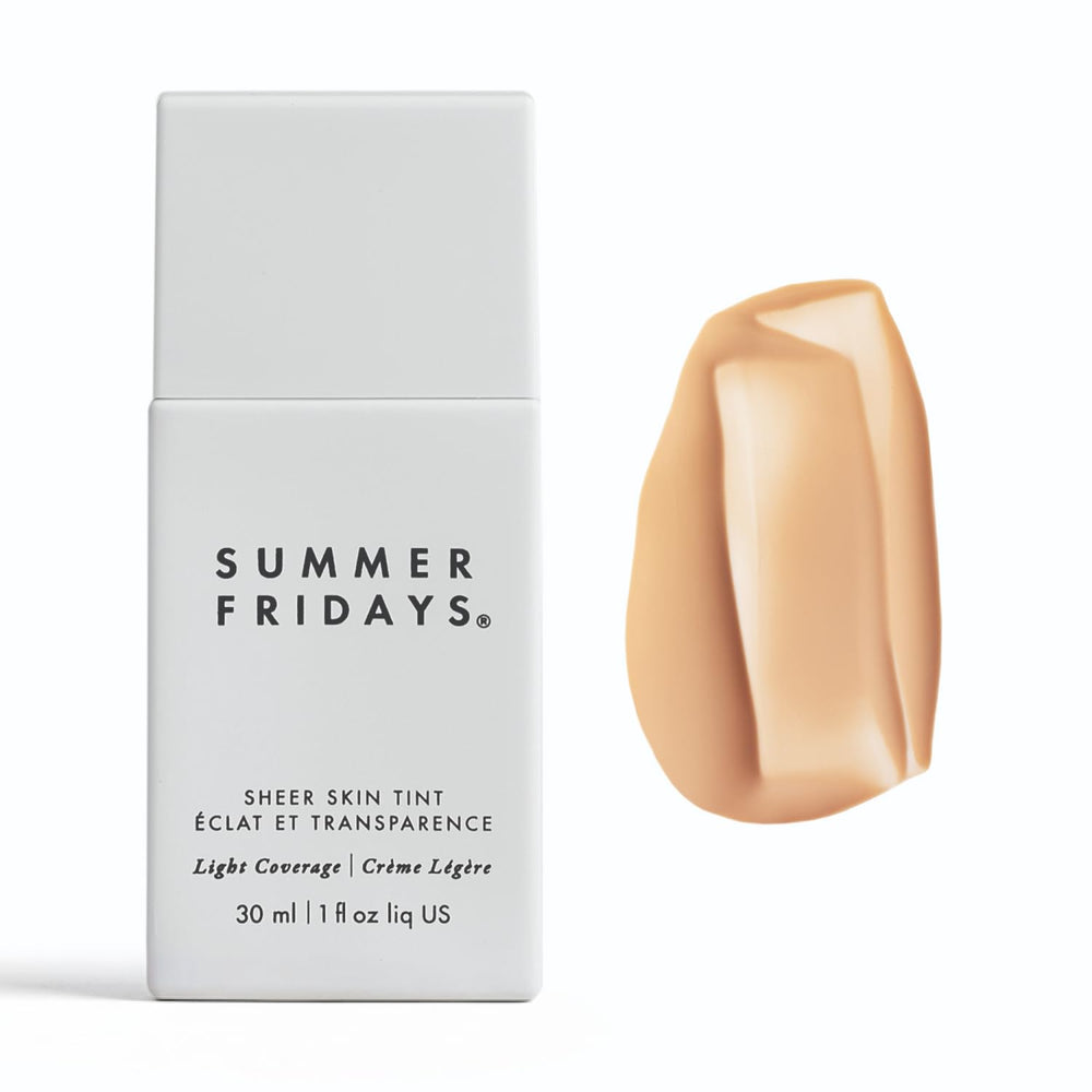 Summer Fridays Sheer Skin Tint bottle demonstrates lightweight, hydrating coverage for a natural look.