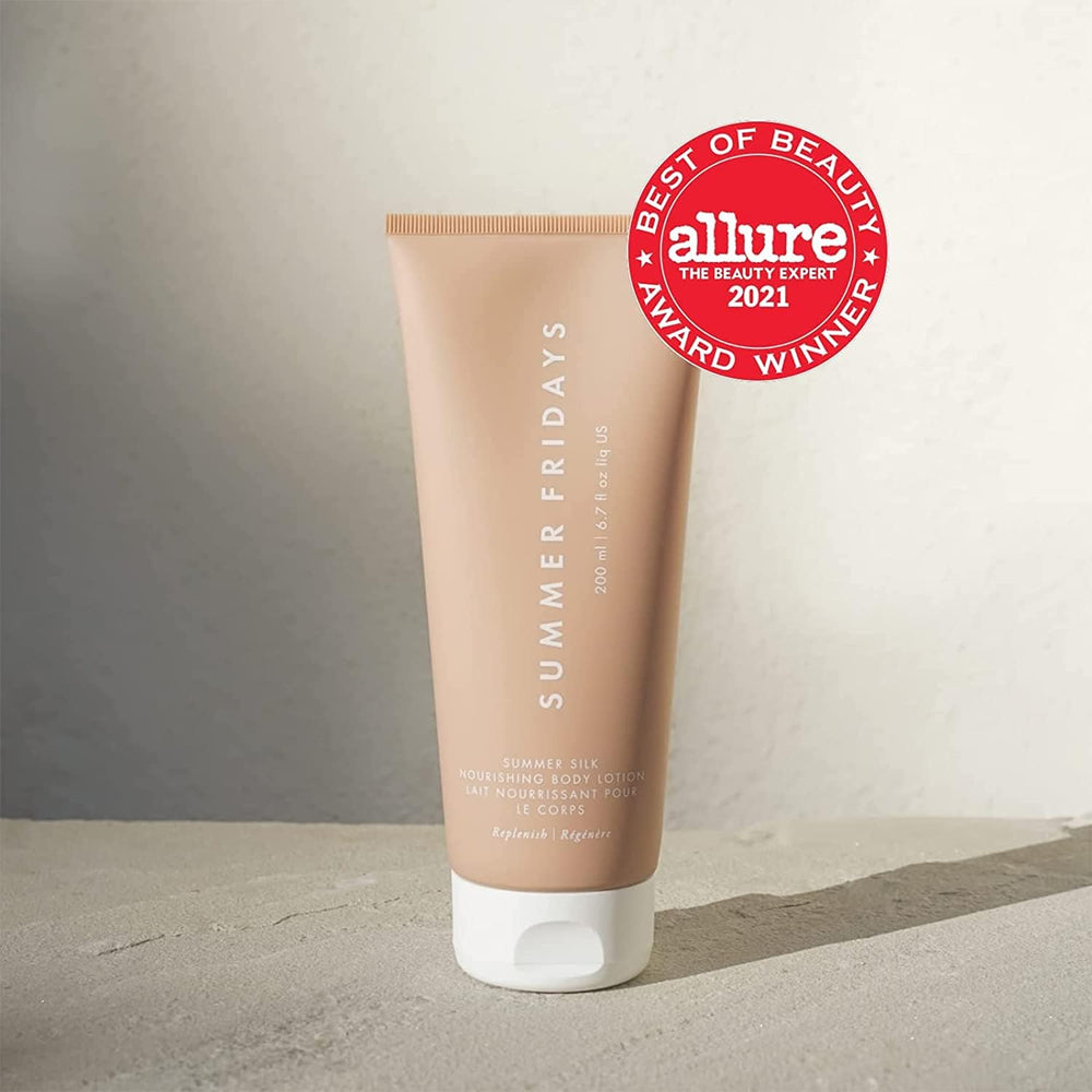 Summer Fridays Summer Silk Nourishing Body Lotion pump demonstrates quick-absorbing formula for smooth skin