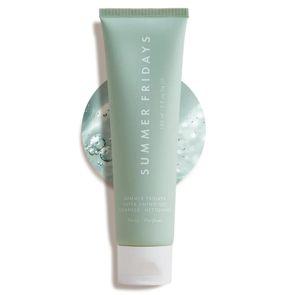 Summer Fridays Super Amino Gel Cleanser bottle showcases gentle cleansing for all skin types.