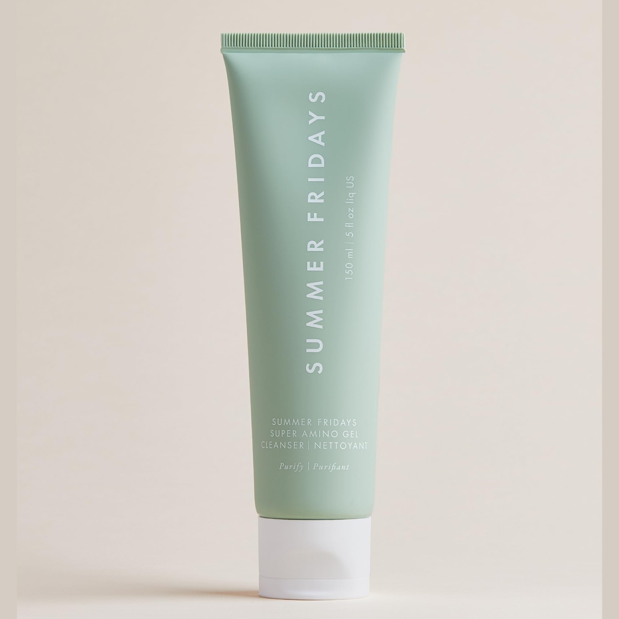 Summer Fridays Super Amino Gel Cleanser packaging highlights travel-friendly 5 oz size.