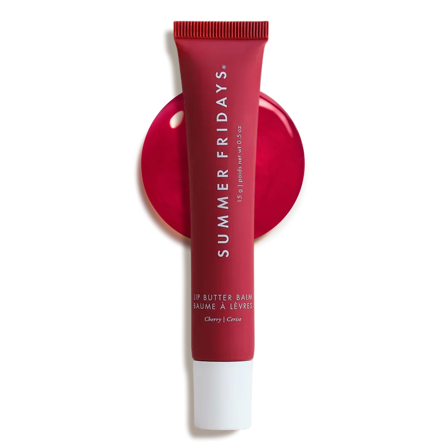 Summer Fridays Cherry Tinted Lip Butter Balm tube provides hydration and color.