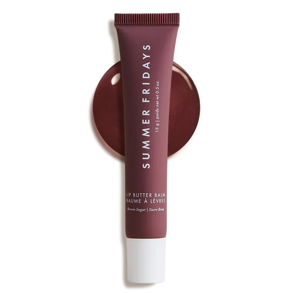 Summer Fridays Tinted Lip Butter Balm Brown Sugar packaging highlights vegan lip care.
