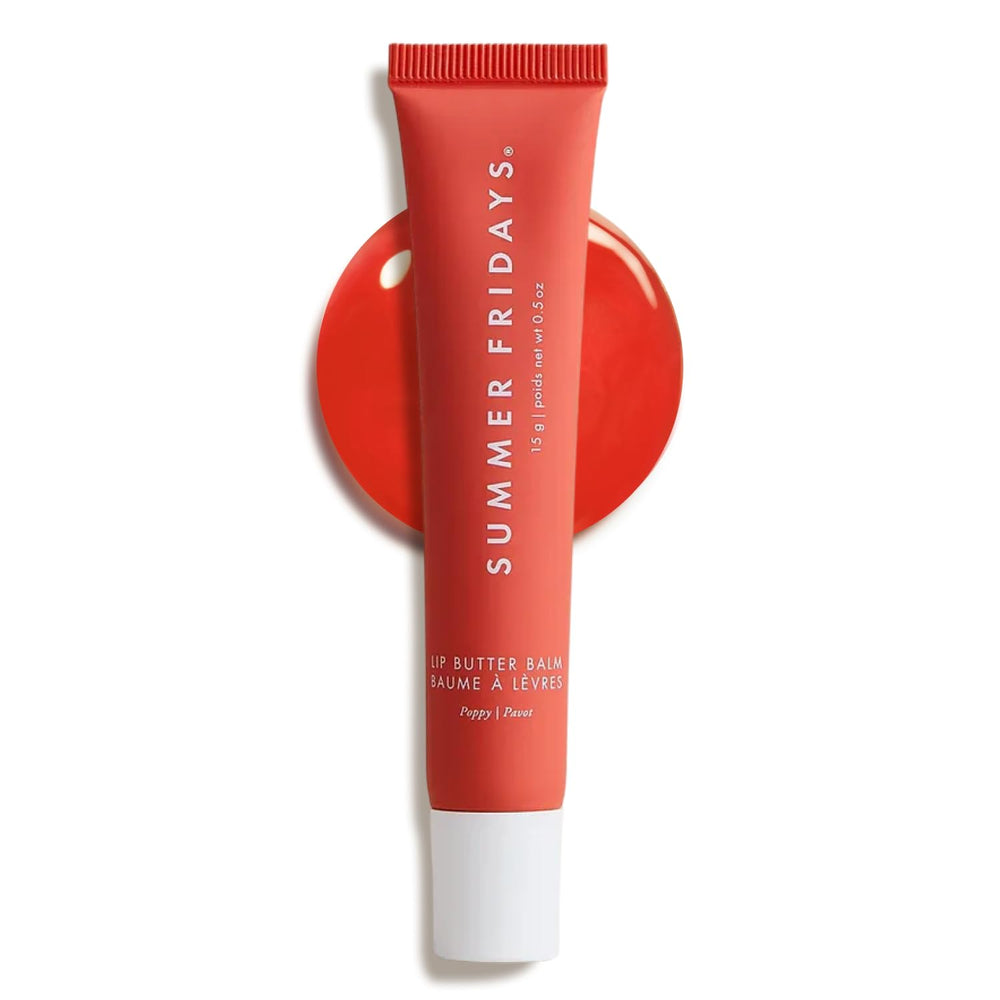 Summer Fridays Tinted Lip Butter Poppy applied on lips delivering moisture and tint