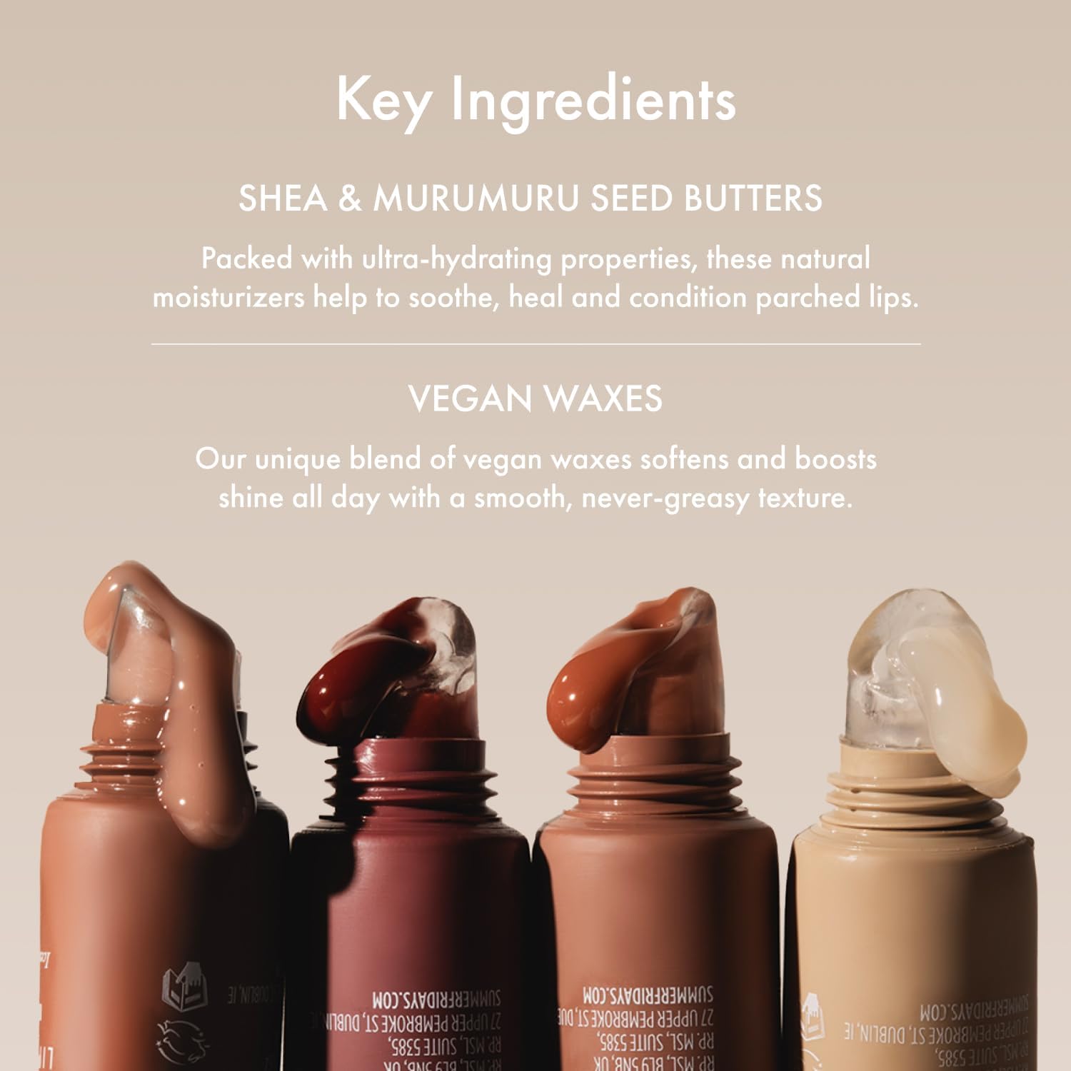 Summer Fridays closeup shows a smooth, non greasy texture with shine.