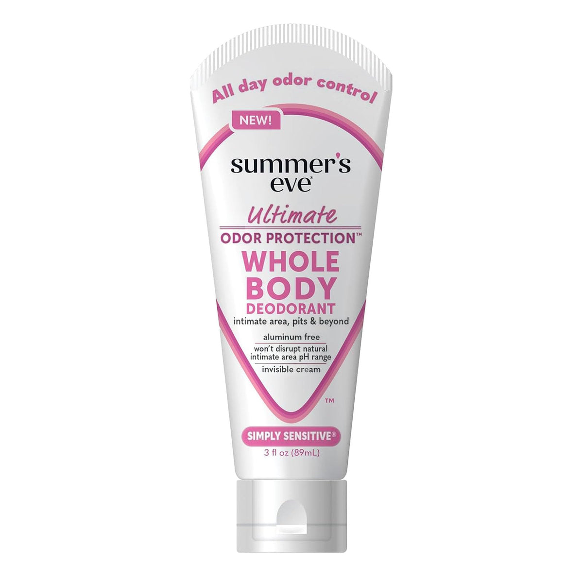 Summer's Eve Simply Sensitive cream bottle ready for travel and all-over odor control.