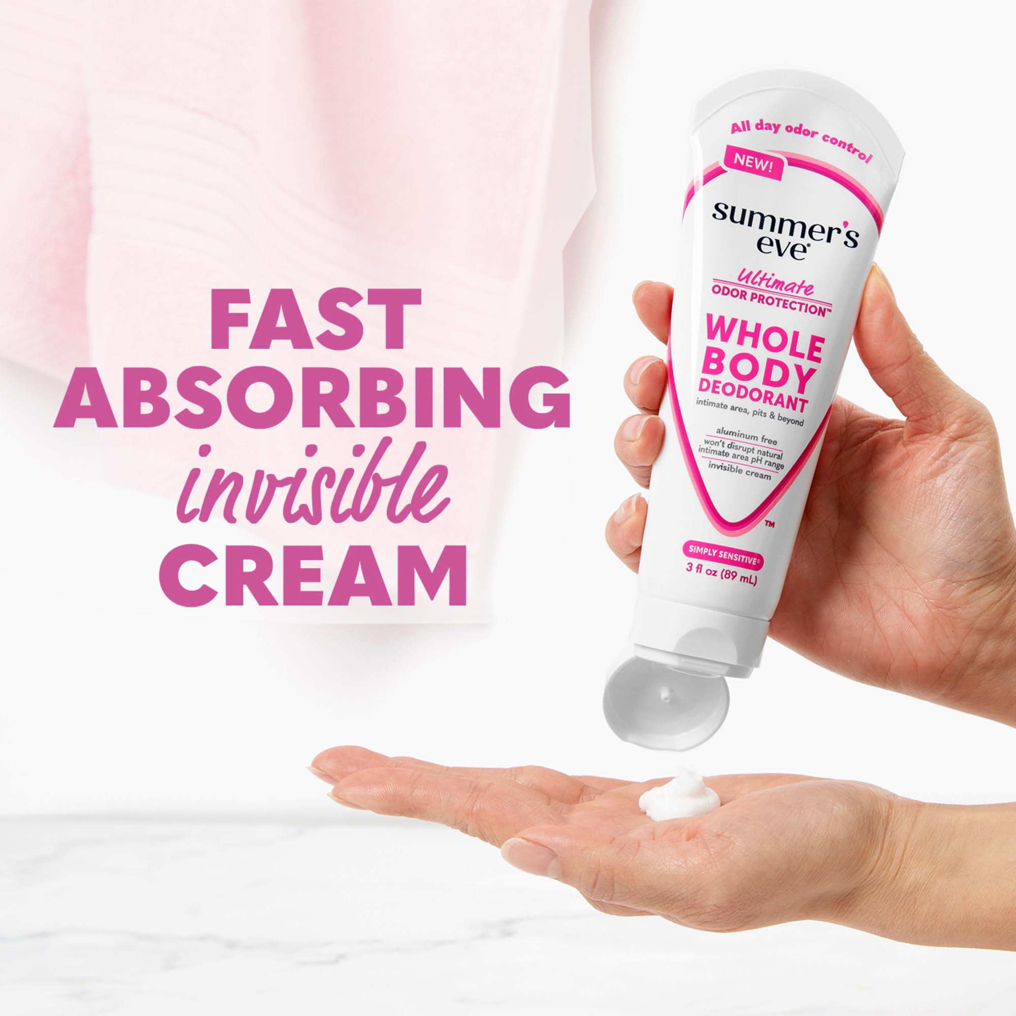 Summer's Eve Simply Sensitive packaging highlights hypoallergenic, aluminum-free formula.