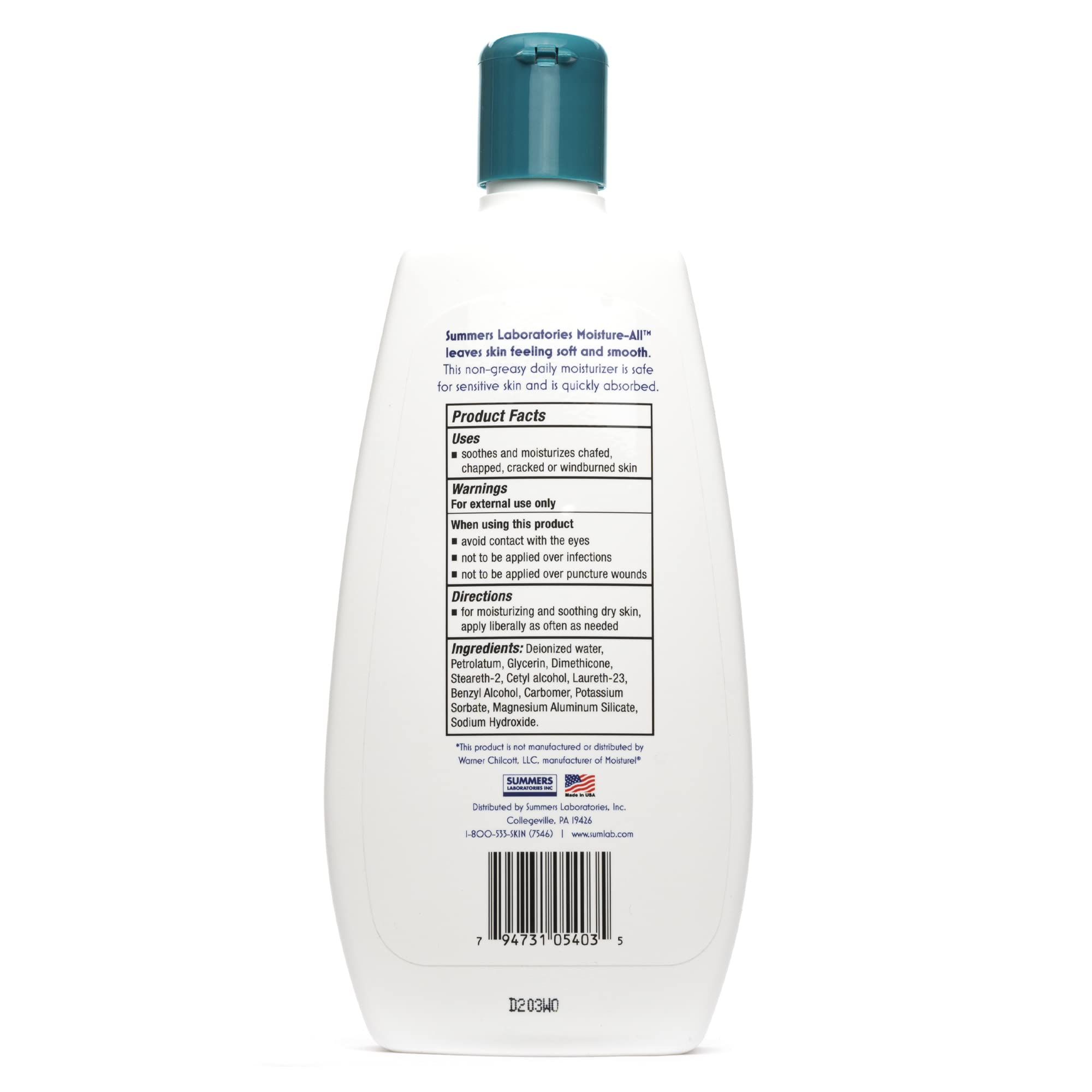 Product packaging display of Summers Moisture-All lotion for easy shopping.