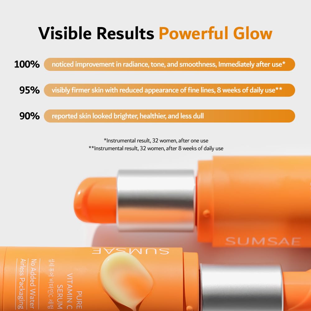 SUMSAE Pure Vitamin C Serum in an airless pump demonstrates freshness preservation.