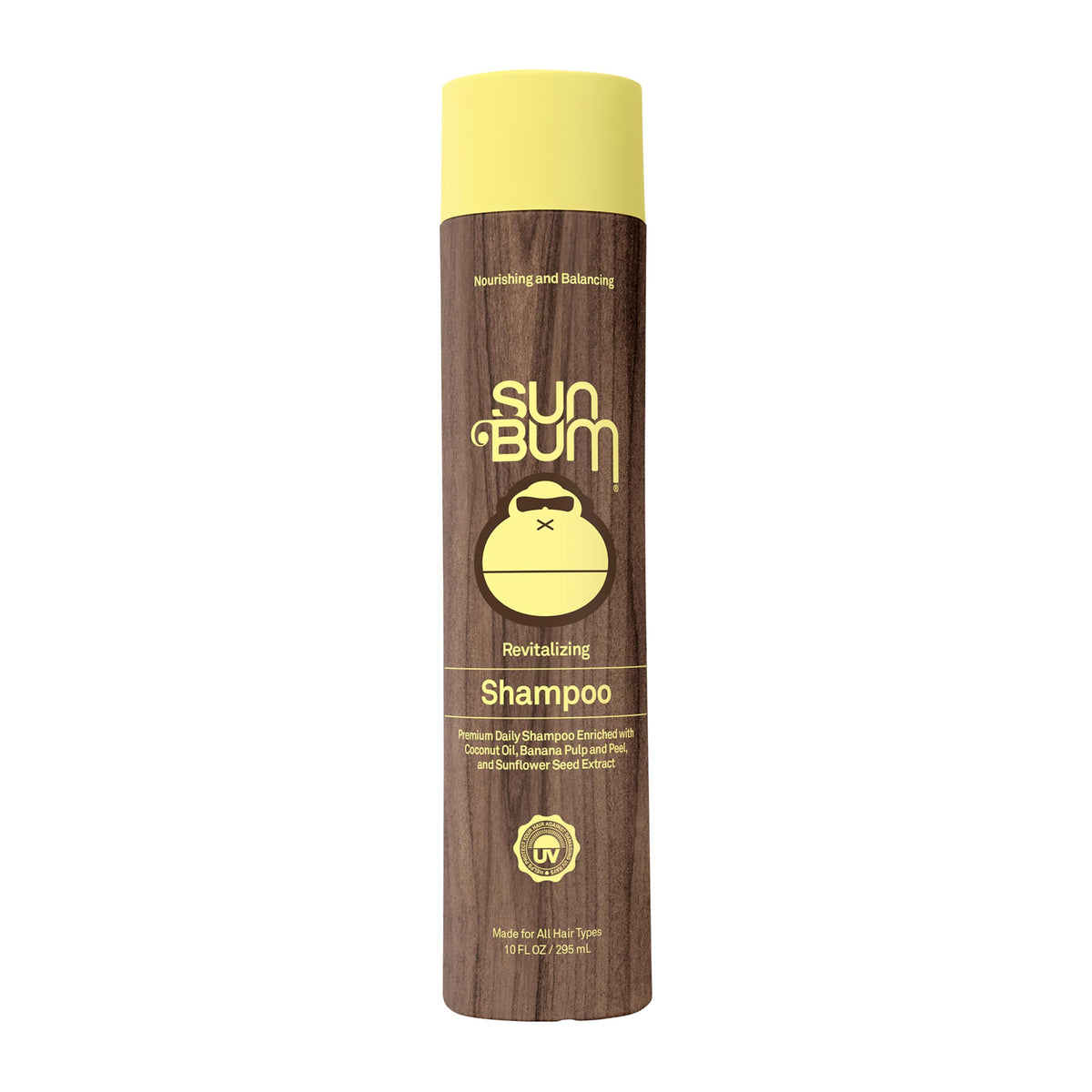 Sun Bum champú revitalizante, botella vertida, hidrata profundamente el cabello.