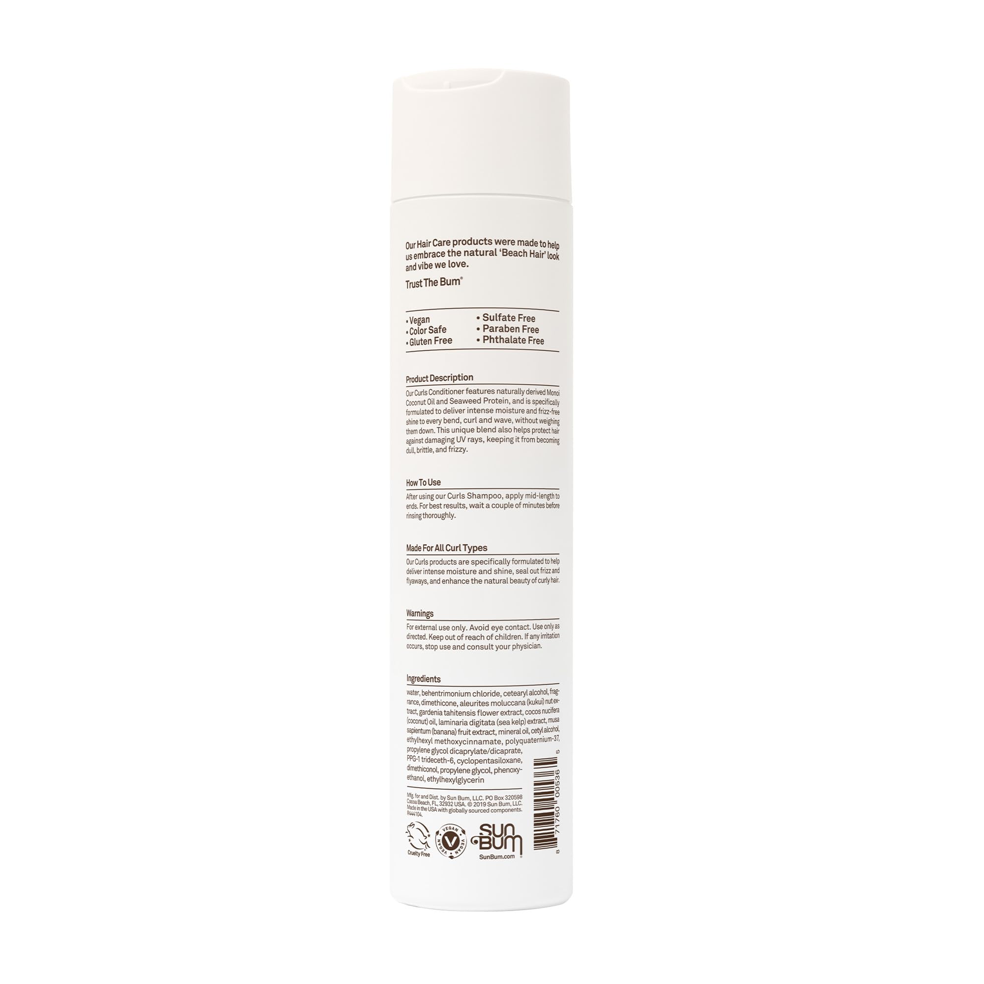 Sun Bum Curls Acondicionador, libre de sulfatos y parabenos, para rizos sanos.