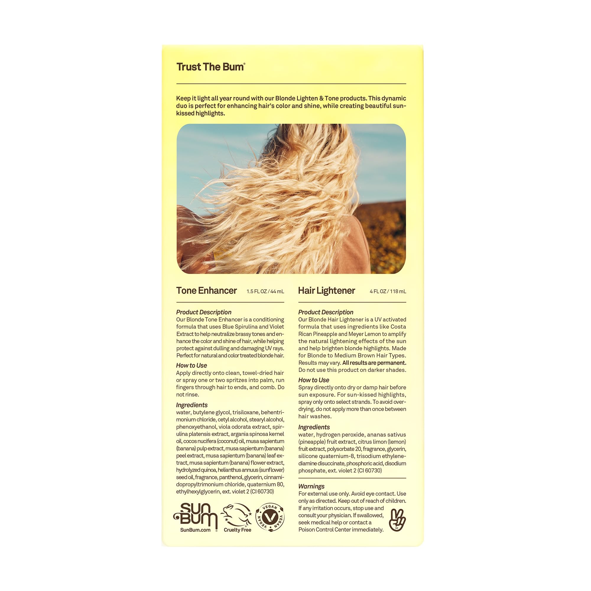 Hair after Sun Bum treatment with silky shine and reduced brassiness.
